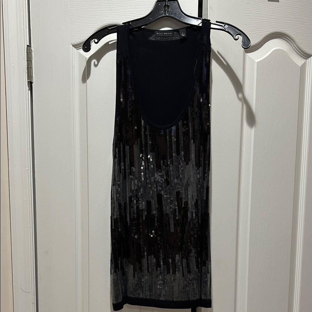 Willi Smith L sleeveless black silver long tank top viscose spandex nwot